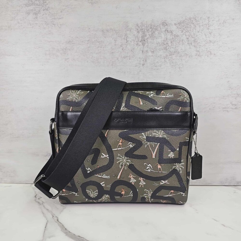 COACH X Keith Haring Green Hawaiian Tropical Graffiti Print Camera Bag